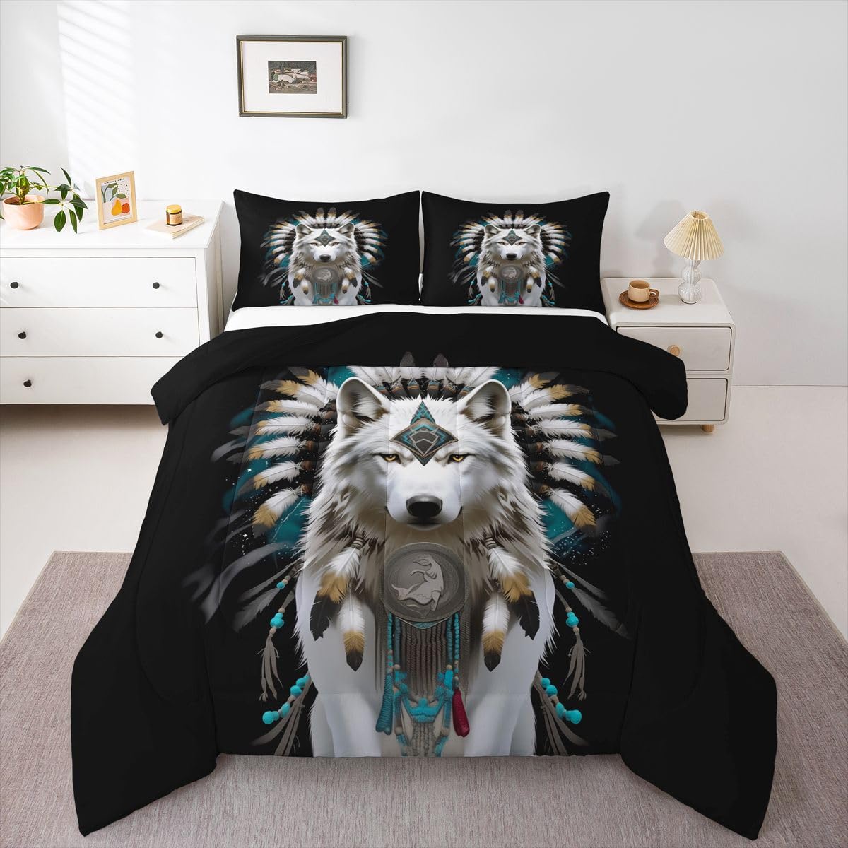 jejeloiu Wolf Comforter Set All Season Southwestern Bedding Set with 2 Pillow Cases Bohemian Style Microfiber Kids King Bedclothes Bedroom Decor Duvet Quilt Breathable Soft Lightweight