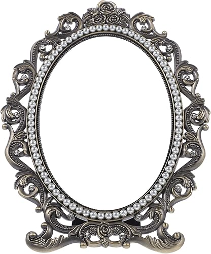 Beaupretty Espejo de maquillaje vintage, espejo de cosméticos vintage, espejo de tocador de escritorio, espejo de belleza de perlas, espejo de mesa