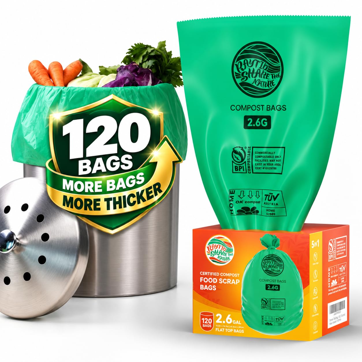 RAYTID Compostable Trash Bags 2.6 Gallon For Kitchen Countertop Bin, Available In 1.3, 2, And 3 Gallon Sizes, 120 Count, Small Kitchen Food Scrap Wast_desvips.com