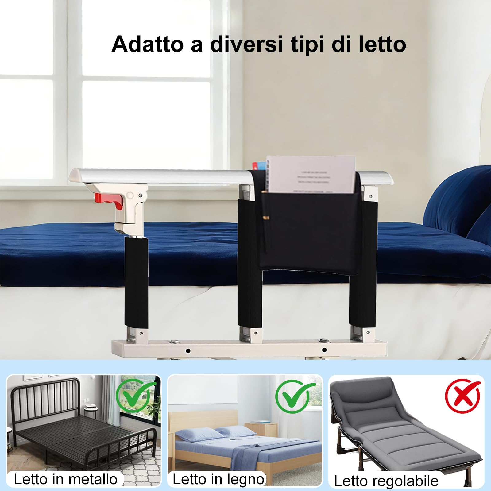 Protezione laterale pieghevole per anziani, adulti, supporto per ringhiera di protezione, ringhiera del letto, ospedale, con sacchetto di immagazzinaggio (70 x 40 cm)