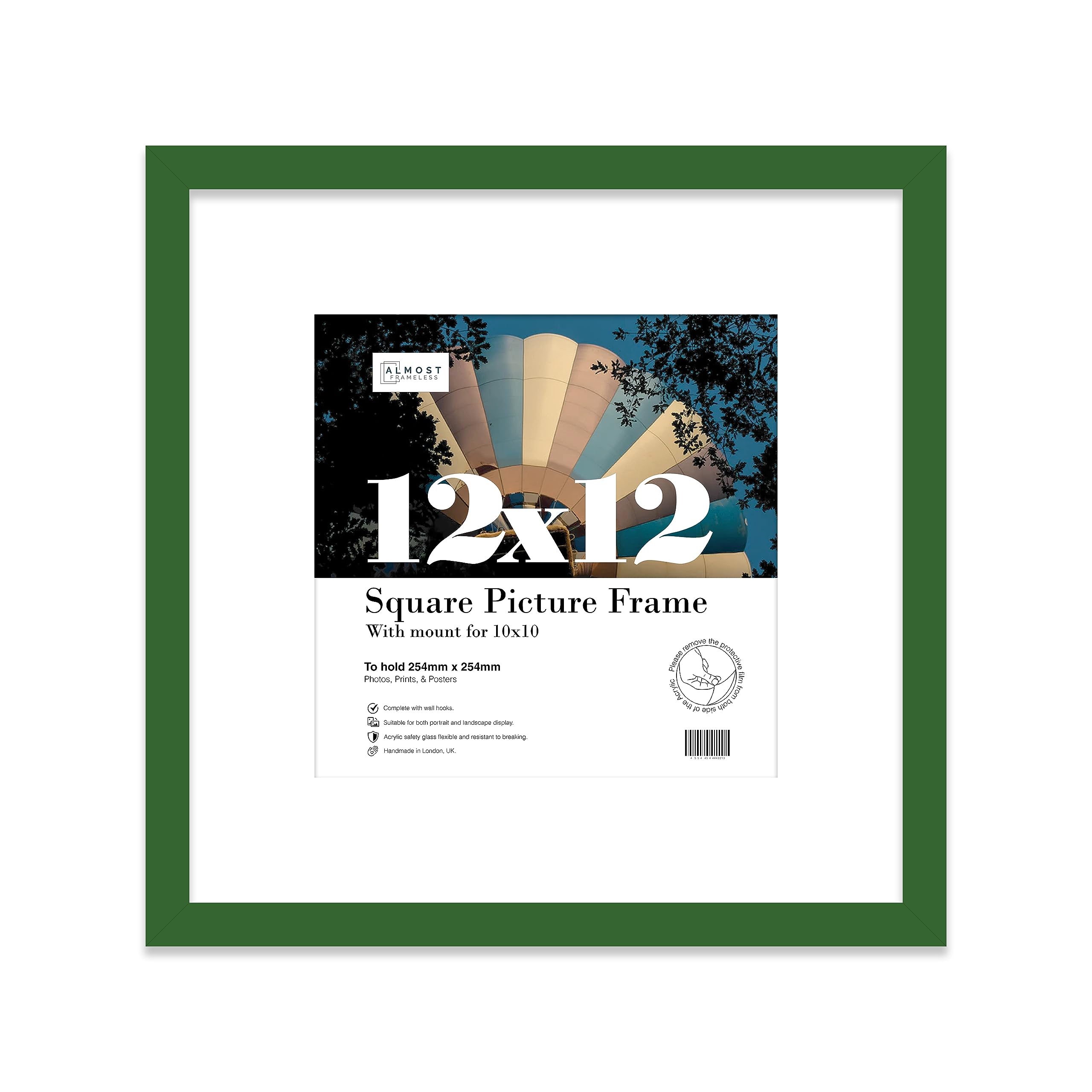 12x12 Green Picture Frame with Mount for 10x10 Photos, Prints - Modern Square Wall Frame, 1 Pack