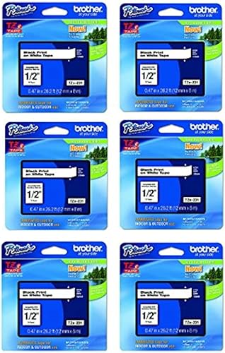 Brother Cinta laminada estándar TZe-231 de 12 pulgada, negro sobre blanco, para etiquetadora P-Touch, paquete de 6