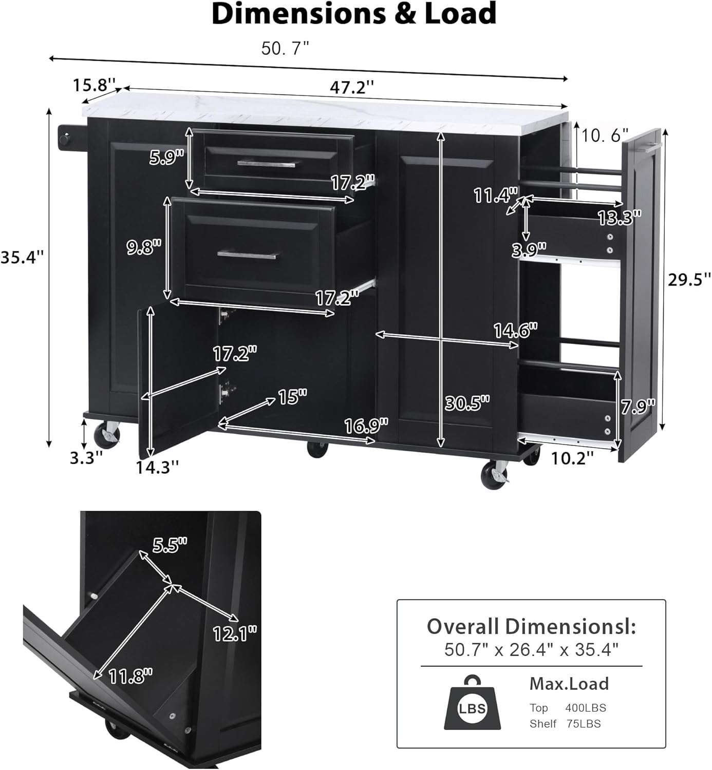 50.7-inch Movable Kitchen cart Island - with Hidden Trash bin Cabinet + 2 Drawers and 1 Cabinet for Maximum Storage, Suitable for Kitchens and Dining Rooms. (Black + MDF + Faux Marble Textured Table)