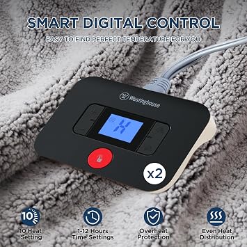 Westinghouse Electric Blanket Queen Size, Soft Plush Sherpa Heated Blanket with 10 Heating Levels & 1-12 Hours Auto-Off, Machine Washable, 84x90 inches, Charcoal
