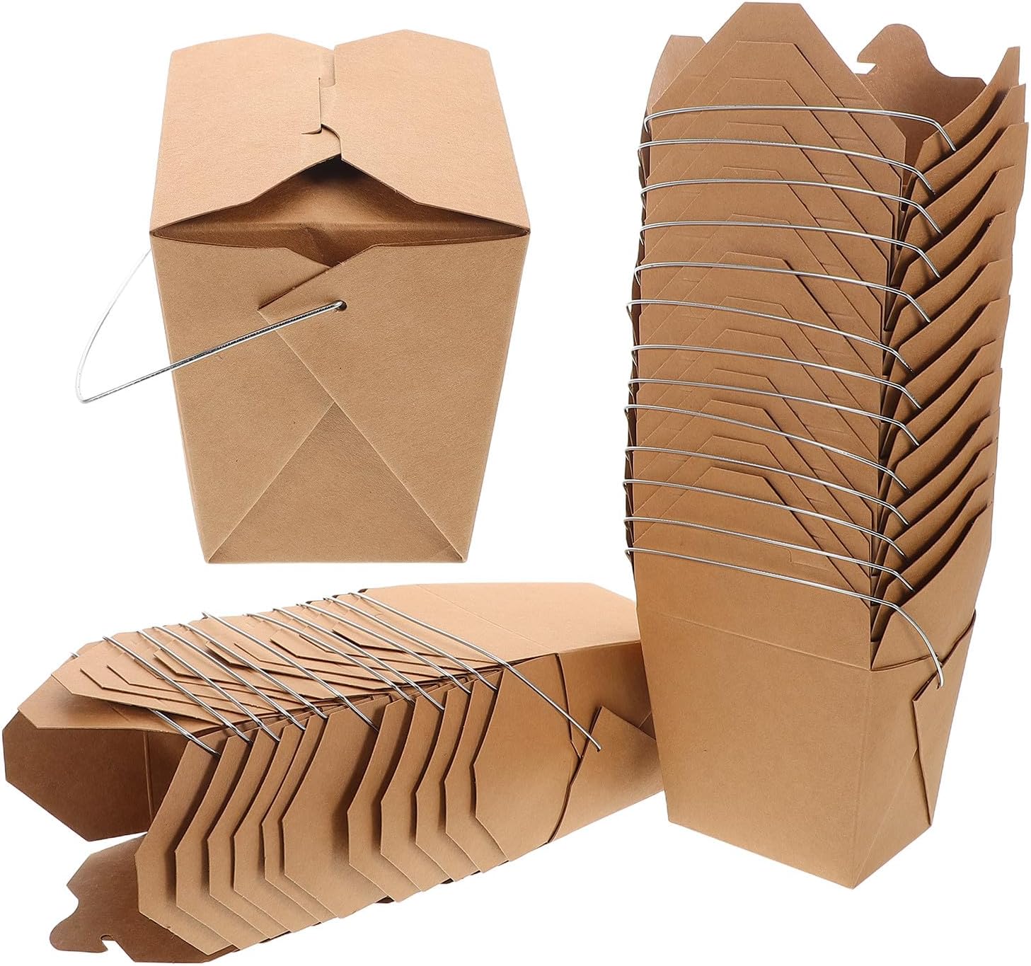 SHINEOFI 50pcs Small Chinese Take out Boxes Wire Handles 16oz Kraft Paper Food Pail Containers for Hot and Cold Food Takeaway Wedding Party Supplies