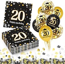 30 x 20th Birthday Napkins for Birthdays, 20th Birthday Decoration for Women, Men, Disposable Paper Napkins Triple Thickness + 18 Black and Gold Confetti Balloons