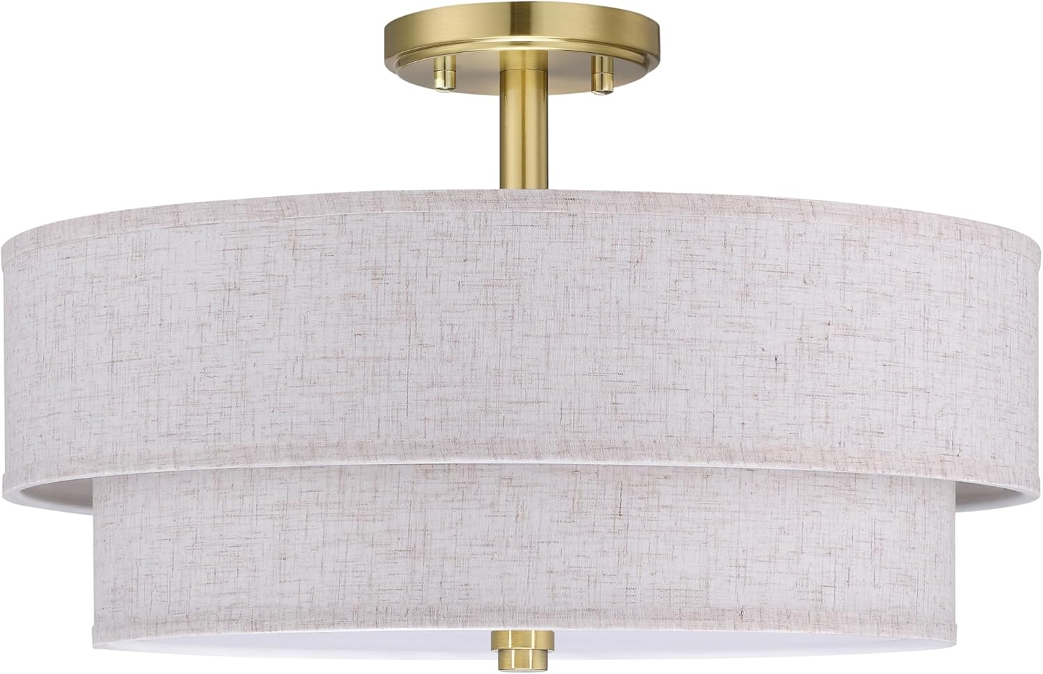 12 Inch LED 18W Adjustable 3000-5000K Brushed Nickel Double Drum Linen Fabric Shade Semi Flush Mount Close to Ceiling Light Fixture for Bedroom,Living Room,Dining Room Hallway