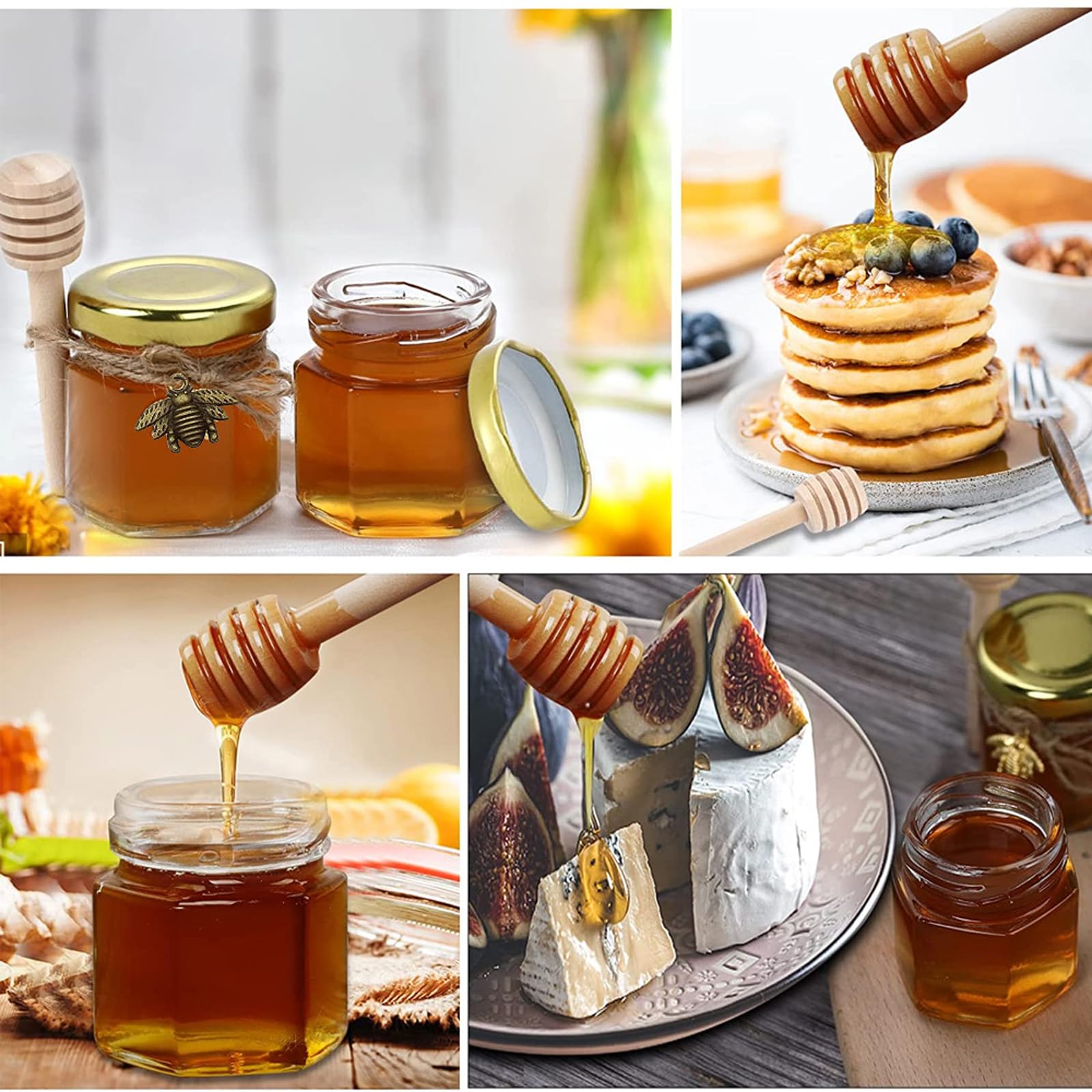 12 Pcs vasetti da miele barattoli esagonali in vetro esagonale da 45ml con mestolo in legno ciondolo a forma di ape etichette in carta kraft ciocche di canapa per bomboniere Natale Battesimo