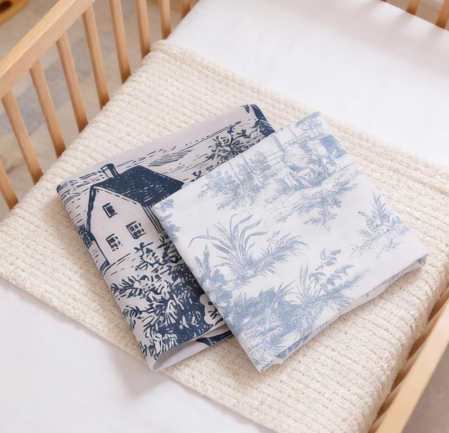 2 Pack Blue and White Toile Crib Sheet Set for Baby Girl, Soft Breathable Fitted Shabby Chic Crib Sheet 28 x 52 in, Vintage French Country Nursery Decor for Standard Crib and Toddler Bed Mattresses