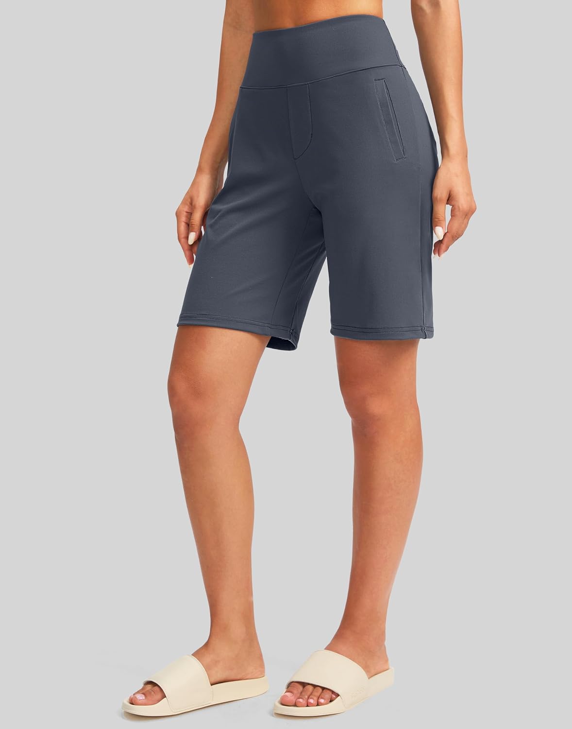 SANTINY Women's 9" High Waisted Bermuda Shorts with 4 Pockets Knee Length Long Shorts for Women Workout Athletic Casual - Image 3