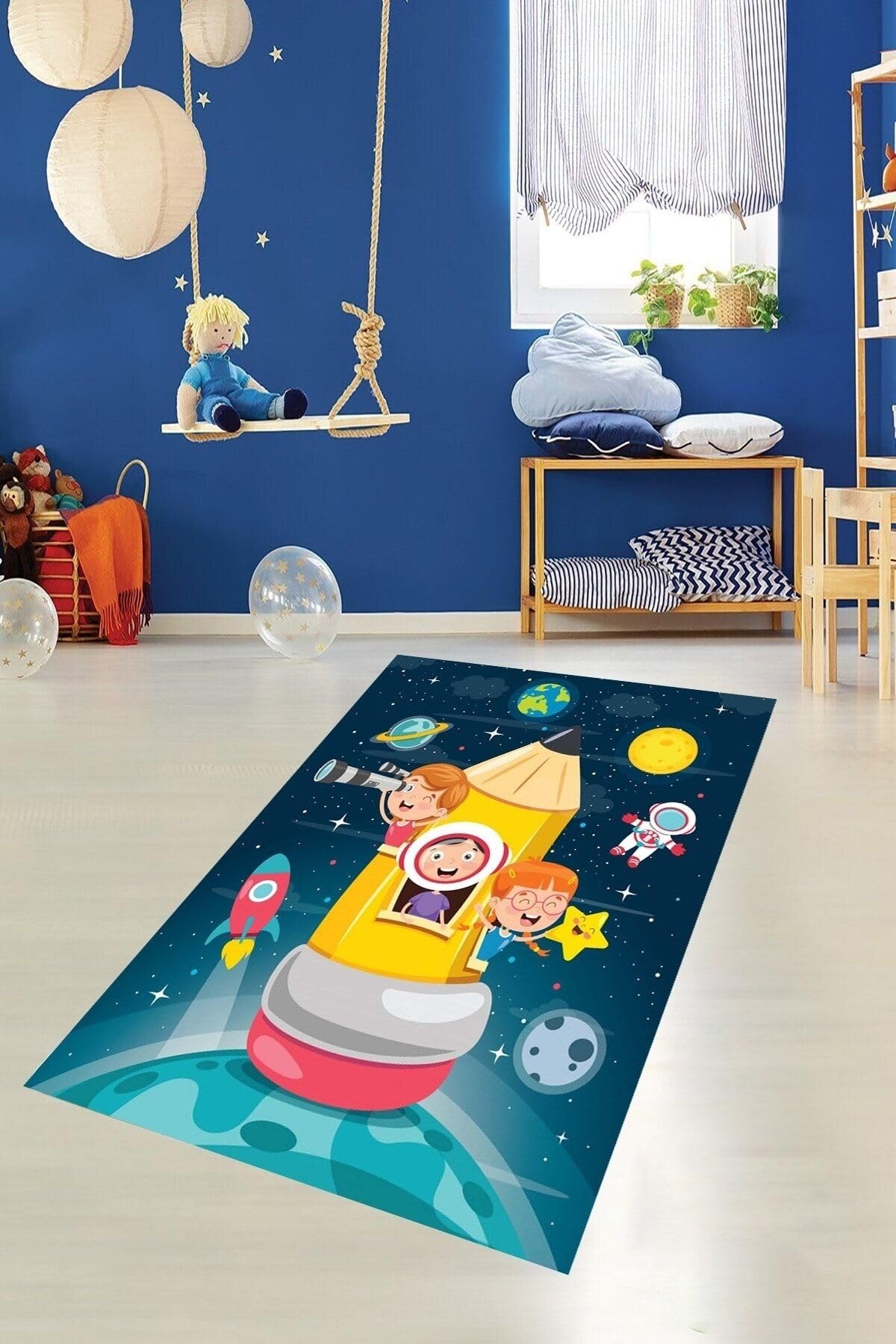 Pelangi Kaşif Çocuklar Desenli Dijital Baskı Yıkanabilir Kaymaz Taban Çocuk Odası Halısı, Lacivert 80 x 50