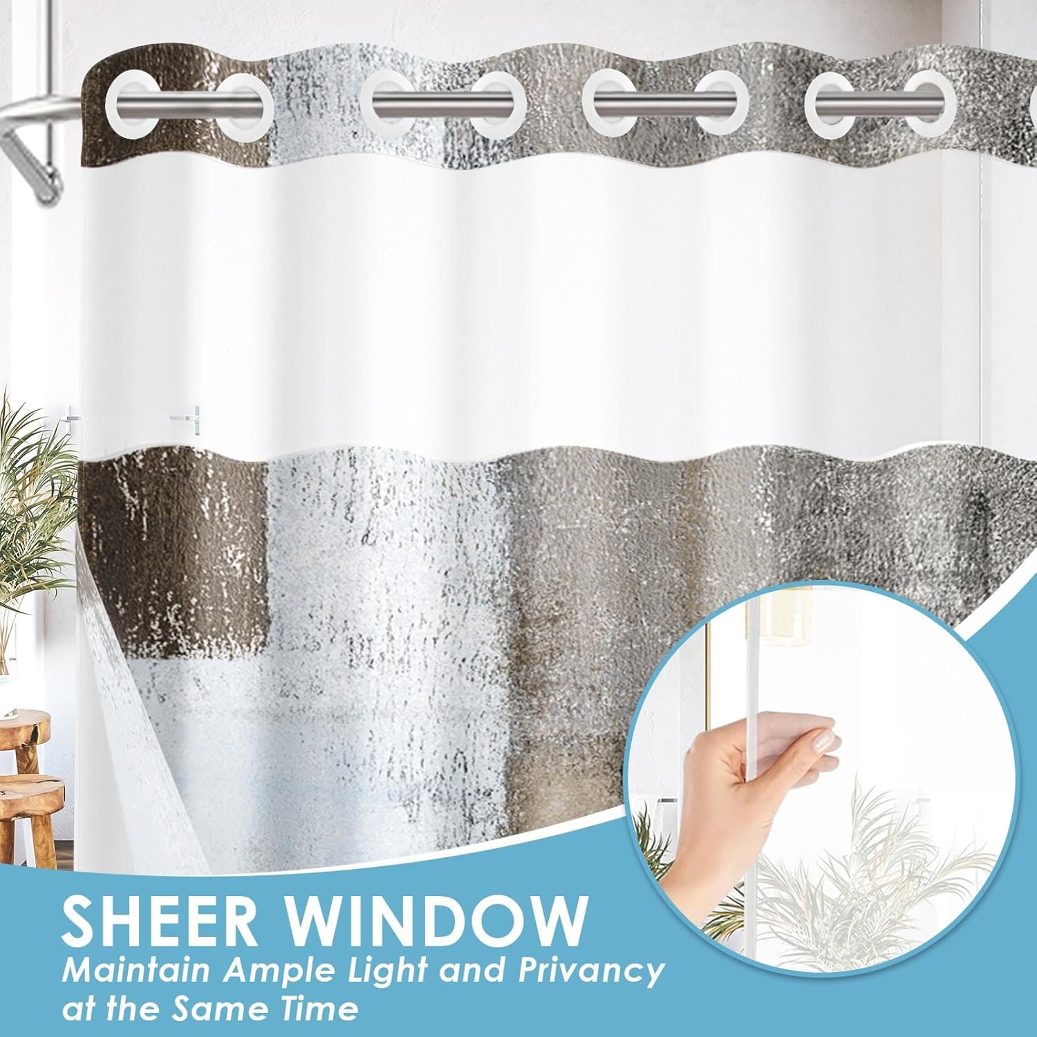 No Hook Grey Brown Painting Shower Curtain with Snap in Fabric Liner Set, Gray Abstract Double Layers Waterproof Fabric with See Through Top Window Open Grommet Bath Curtain 71x74 Inch
