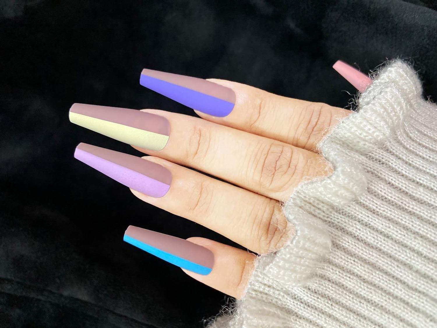 Secret Lives ong acrylic press on nails designer artificial nails extension yellow blue green nude long fake nails design 24 pieces set with kit