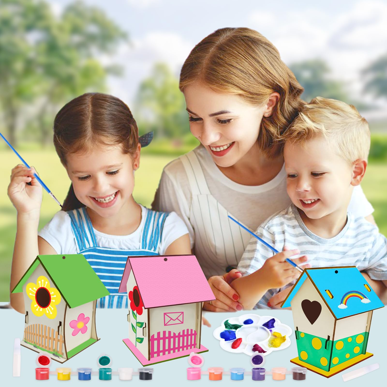 PIWOSGOL Casetta Uccelli In Legno Fai Da Te Per Bambini - Kit 4 Pezzi Da Costruire E Dipingere Con Colori E Pennelli - 3
