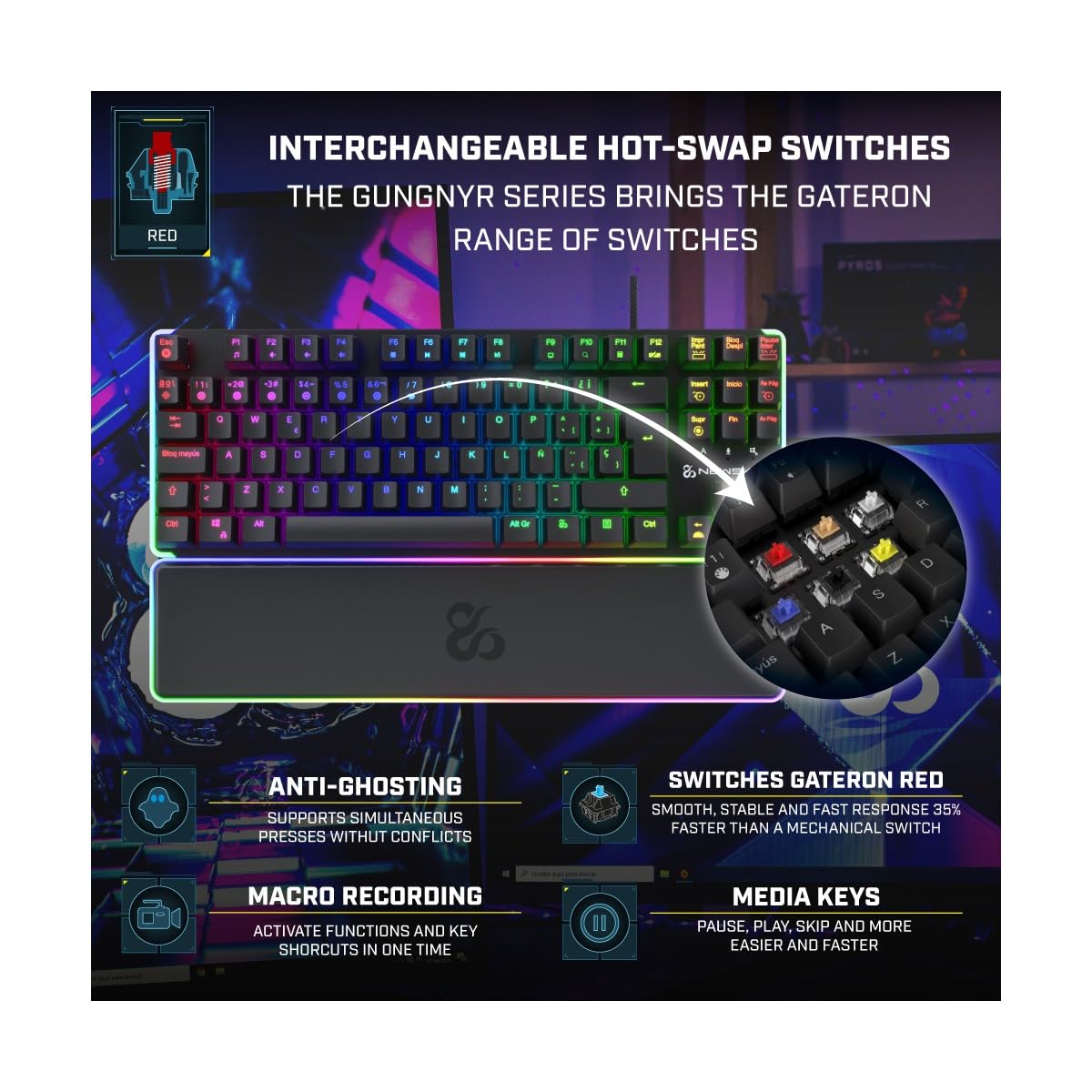 NEWSKILL Gungnyr TKL Pro Teclado Gaming optomecánico RGB tenkeyless Gateron Red hotswap Negro