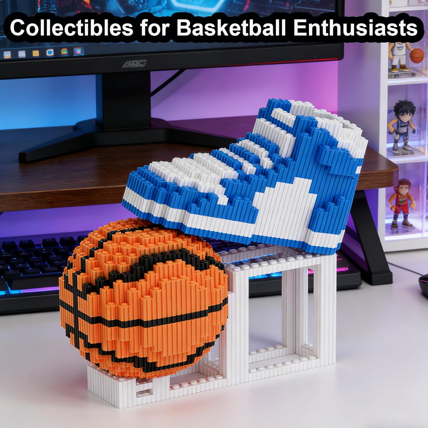 Basketball with Sneaker Micro Building Block Set, Large Realistic Basketball with Shoes Stand STEM Building Bricks, Sport Basketball DIY Model Enthusiasts Easter's Day Gifts for Teen, Adult