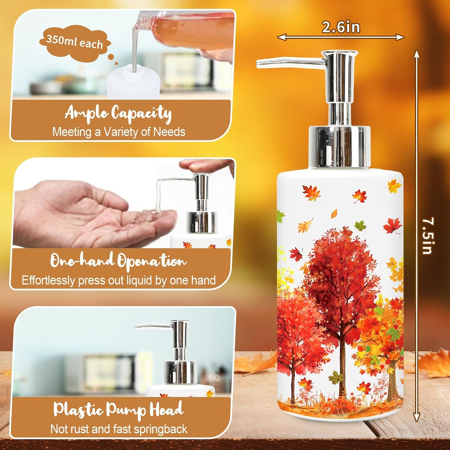 FYSUIMU Fall Soap Dispenser Glass Dispenser with Pump Maple Forest Tree Refillable Liquid Soap Container for Autumn Thanksgiving Home Kitchen Bathroom Countertop Decor