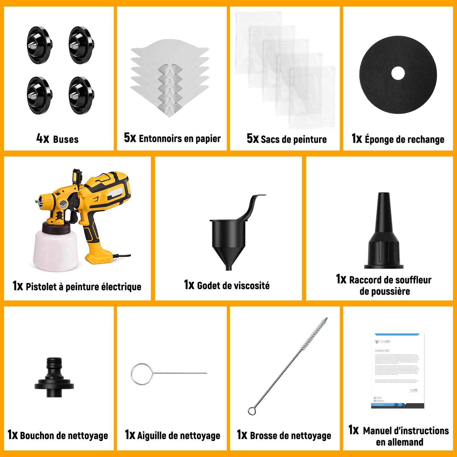 Pistolet a Peinture HVLP Électrique 850W avec 4 Buses & 3 Motifs