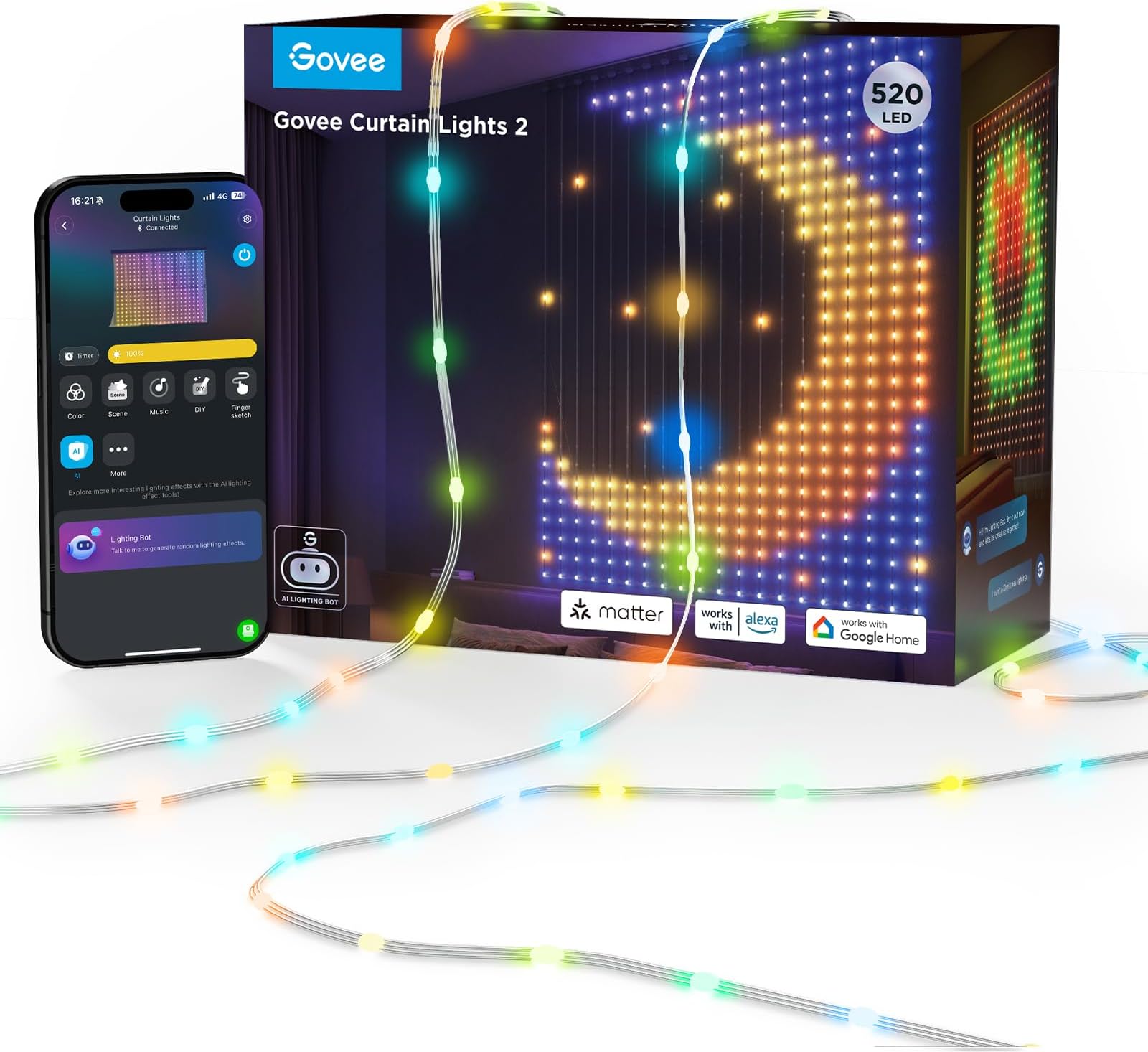 Curtain Lights, Smart LED Curtain with DIY GIF, RGBIC Color Chaning Wall Lights for Bedroom Window Backdrop Dynamic Christmas Decor, 520 LEDs, 5ร6.6ft