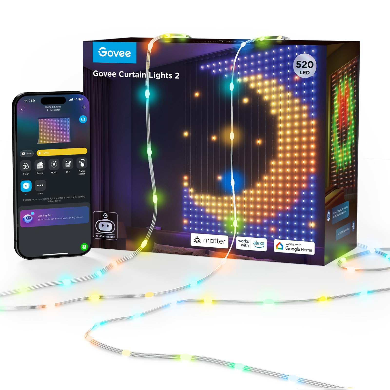 Curtain Lights, Smart LED Curtain with DIY GIF, RGBIC Color Chaning Wall Lights for Bedroom Window Backdrop Dynamic Christmas Decor, Outdoor IP65 Max Waterproof, 520 LEDs, 5×6.6ft