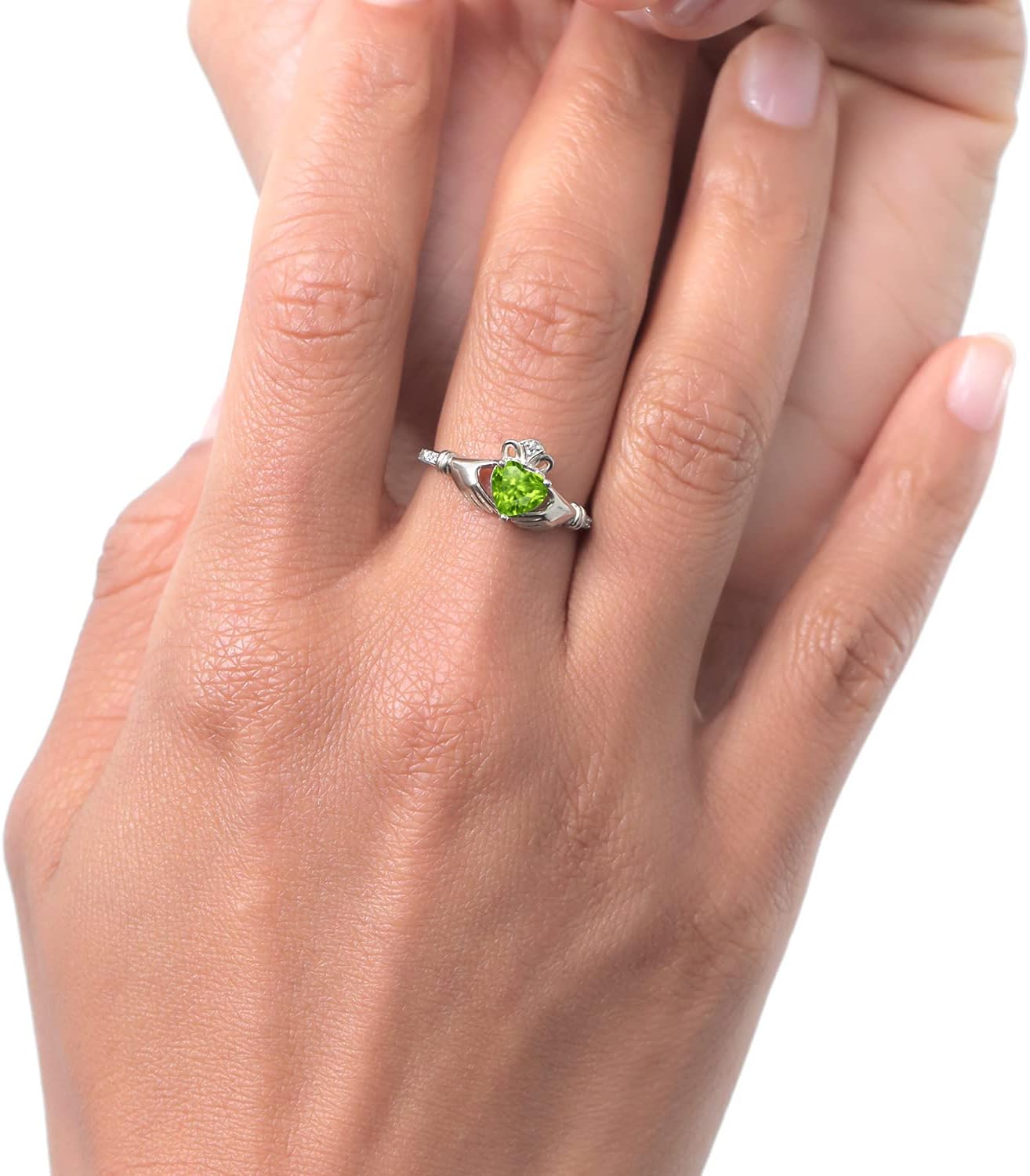 Gem Stone King 6MM Heart Shape Gemstone Birthstone and White Diamond Irish Celtic Claddagh Engagement Ring | 10K White Gold | Gold Ring For Women | Size 5-9 | Green Peridot | Size 5