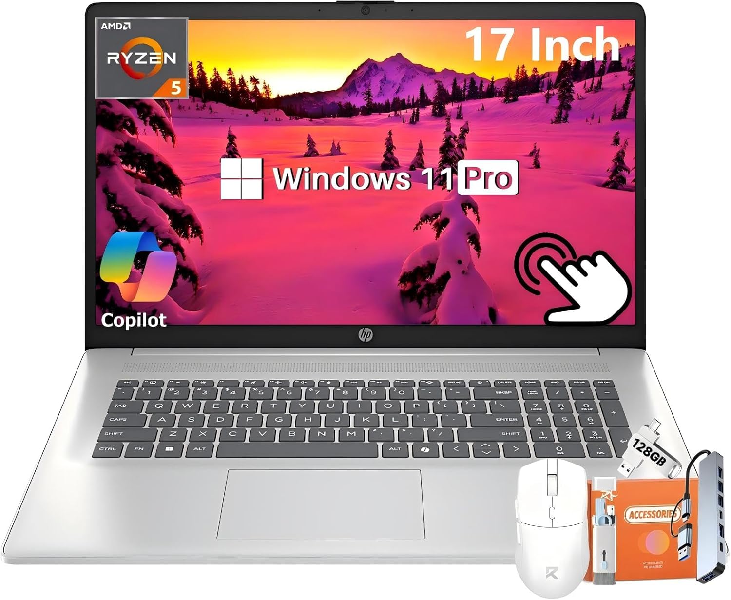 HP 17.3" Touchscreen Laptop for Business, AMD Ryzen 5 7430U 6-Core, 64 GB RAM, 1 TB SSD, AMD Radeon GPU, HD+ Display, Long Battery Life, HD Webcam, Wi-Fi 6, Copilot AI, Windows 11 Pro, w/Accessories