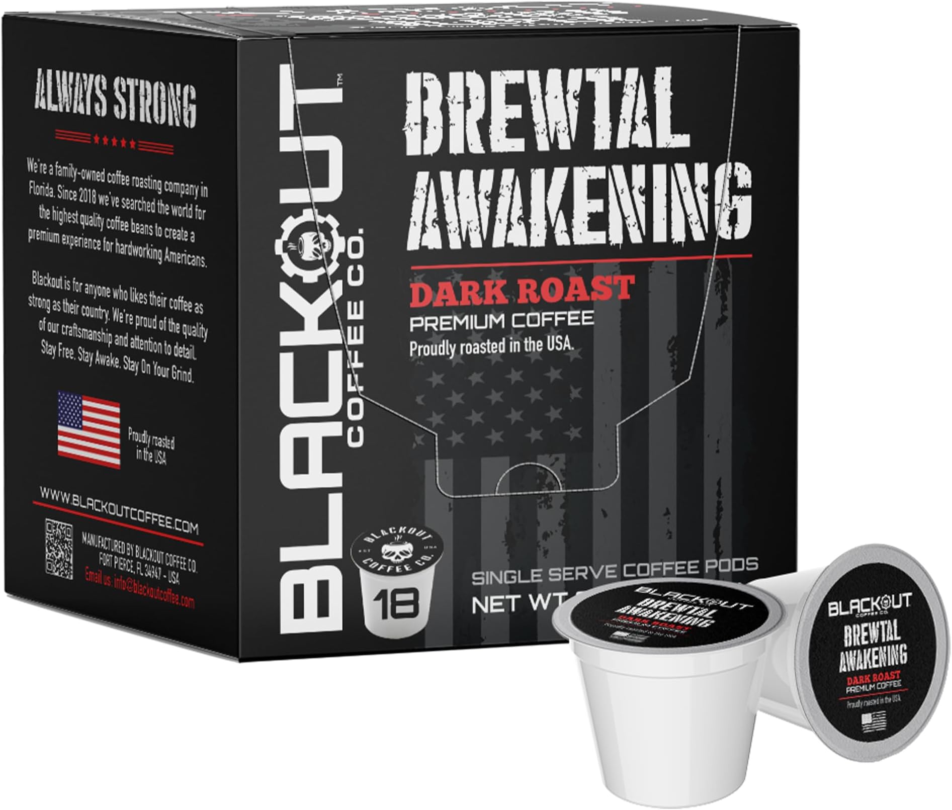 Blackout Coffee Brewtal Awakening Dark Roast Coffee – HIGH CAFFEINE, Bold & Strong, Fuel Your Mission – 18 Count Coffee Pods