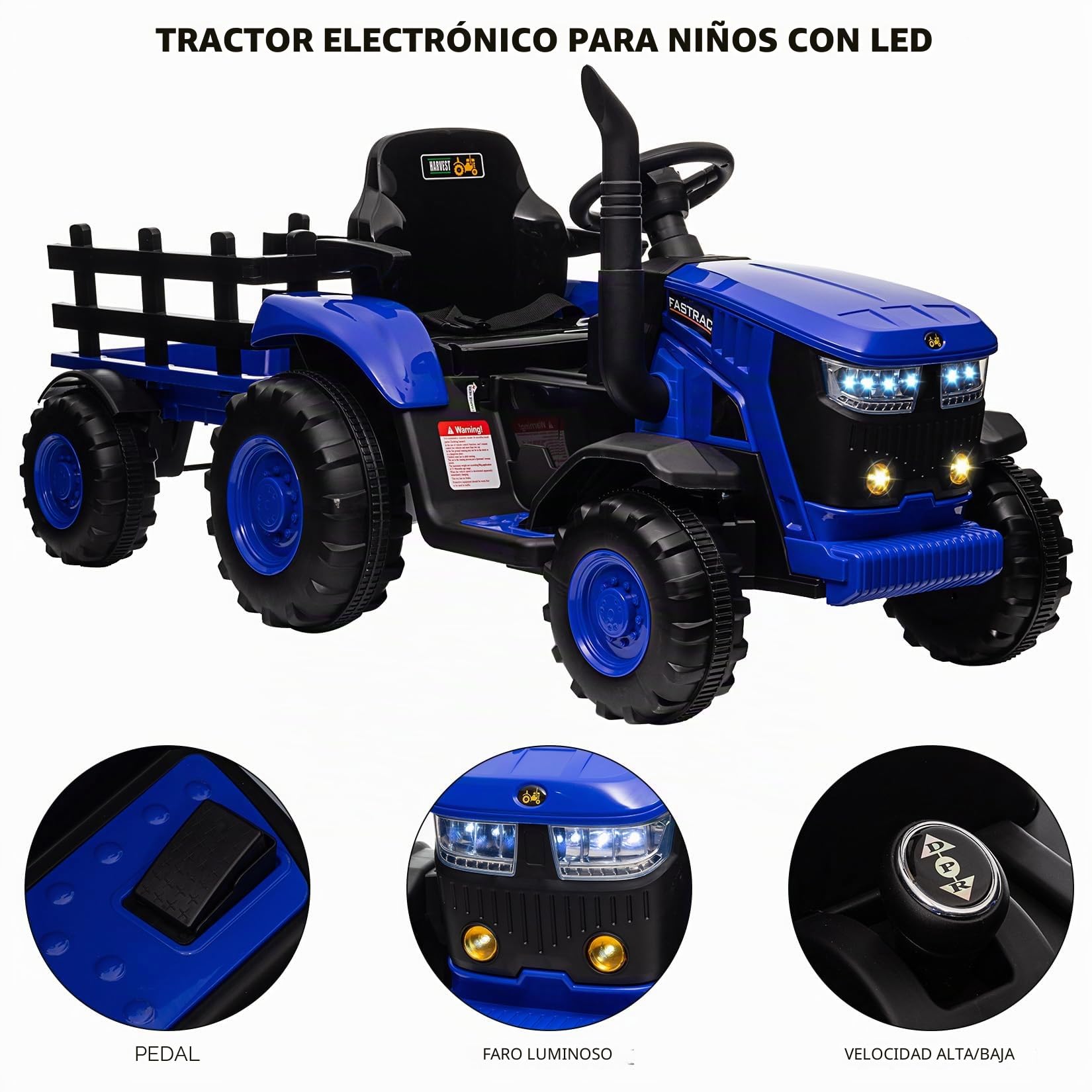 Tractor Eléctrico Niños con Remolque Desmontable Doble Motor 35W, Coche Eléctrico 12V a 6 Neumáticos para Niños con Control Remoto Música, 3 Velocidades, Faros de 7 LED, Cuerno (Azul)