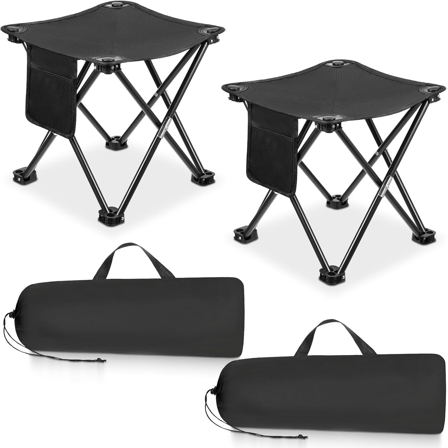 2 pack camping stool 13 inch portable folding camp stool with side pocket for camping fishing hiking gardening outdoor walking, foot stools with carry bag, black
