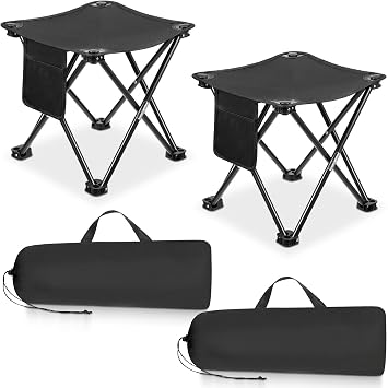 2 Pack Camping Stool 13 Inch Portable Folding Camp Stool with Side Pocket for Camping Fishing Hiking Gardening Outdoor Walking, Foot Stools with Carry Bag, Black