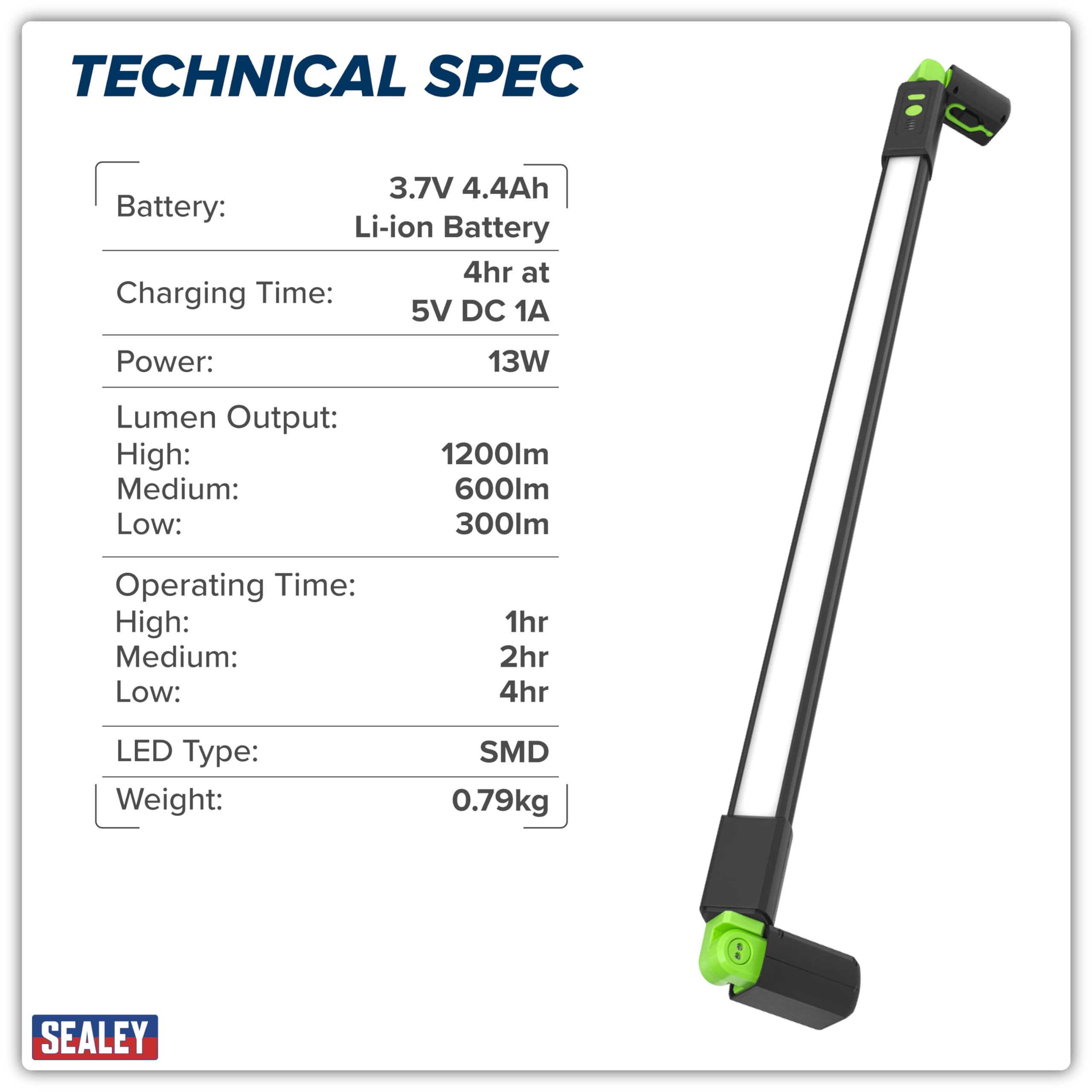 Sealey LED139 Lampe LED SMD rechargeable sous capot 13 W Noir/vert