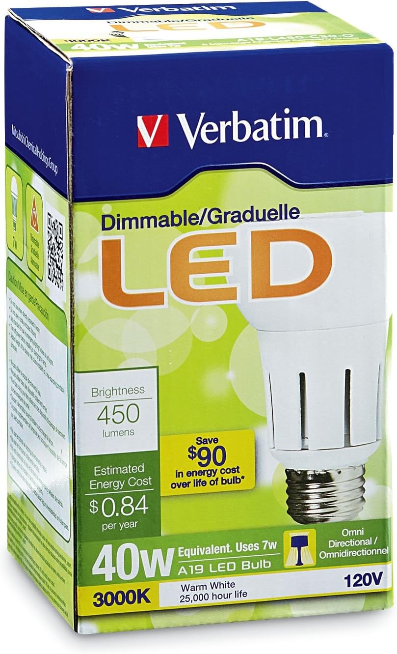 Verbatim A19 Omnidirectional Warm White 3000K LED Bulb, Replaces 40W Dimmable 98064