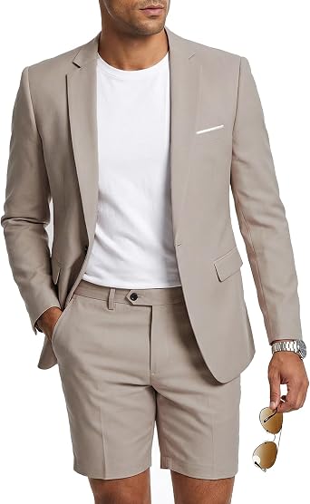 MYS Mens 2 Piece Slim Fit Suit, One Button Blazer and Short Pants Set with Tie