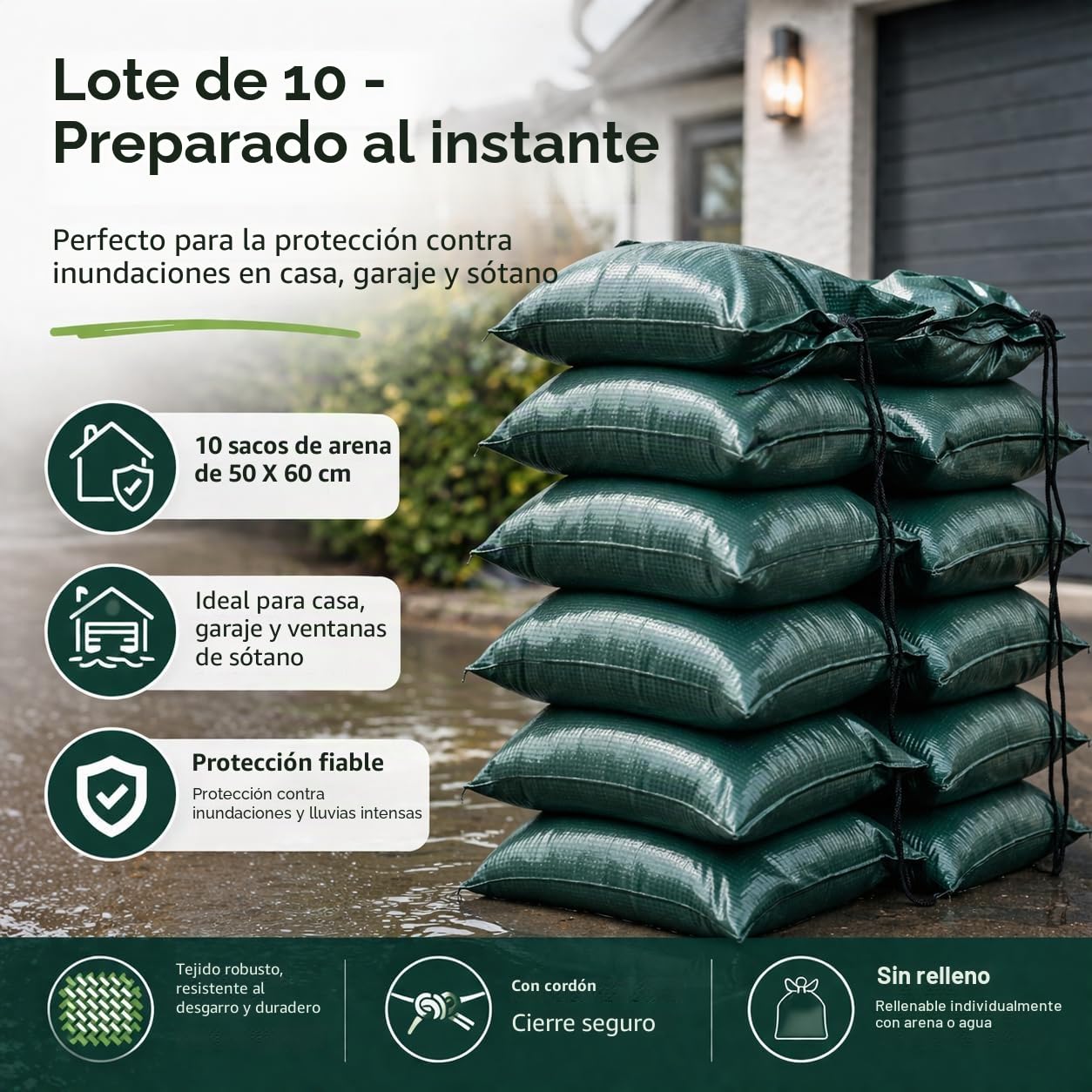 50 sacos de arena de 40 x 60 cm cada uno con cordones para protección contra el agua en caso de inundaciones sin rellenar, protección contra inundaciones, saco y saco de tela (50)