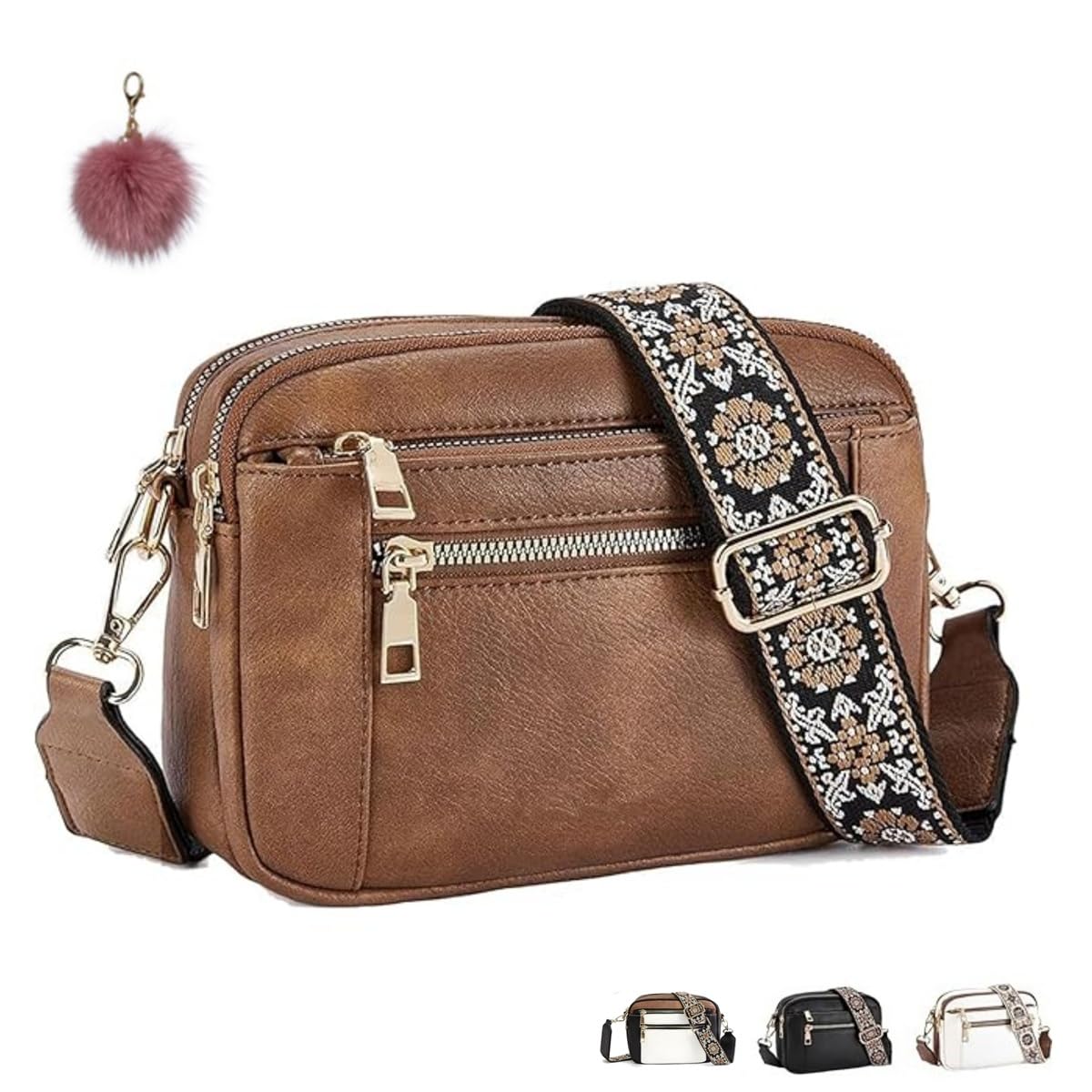 PFHHUDCVHandmade Colorful Straps Crossbody Leather Bags,Triple Zip Small Shoulder Handbags,Purses for Women with Adjustable Wide Strap (Brown,7.87(L) x6.14"(H))