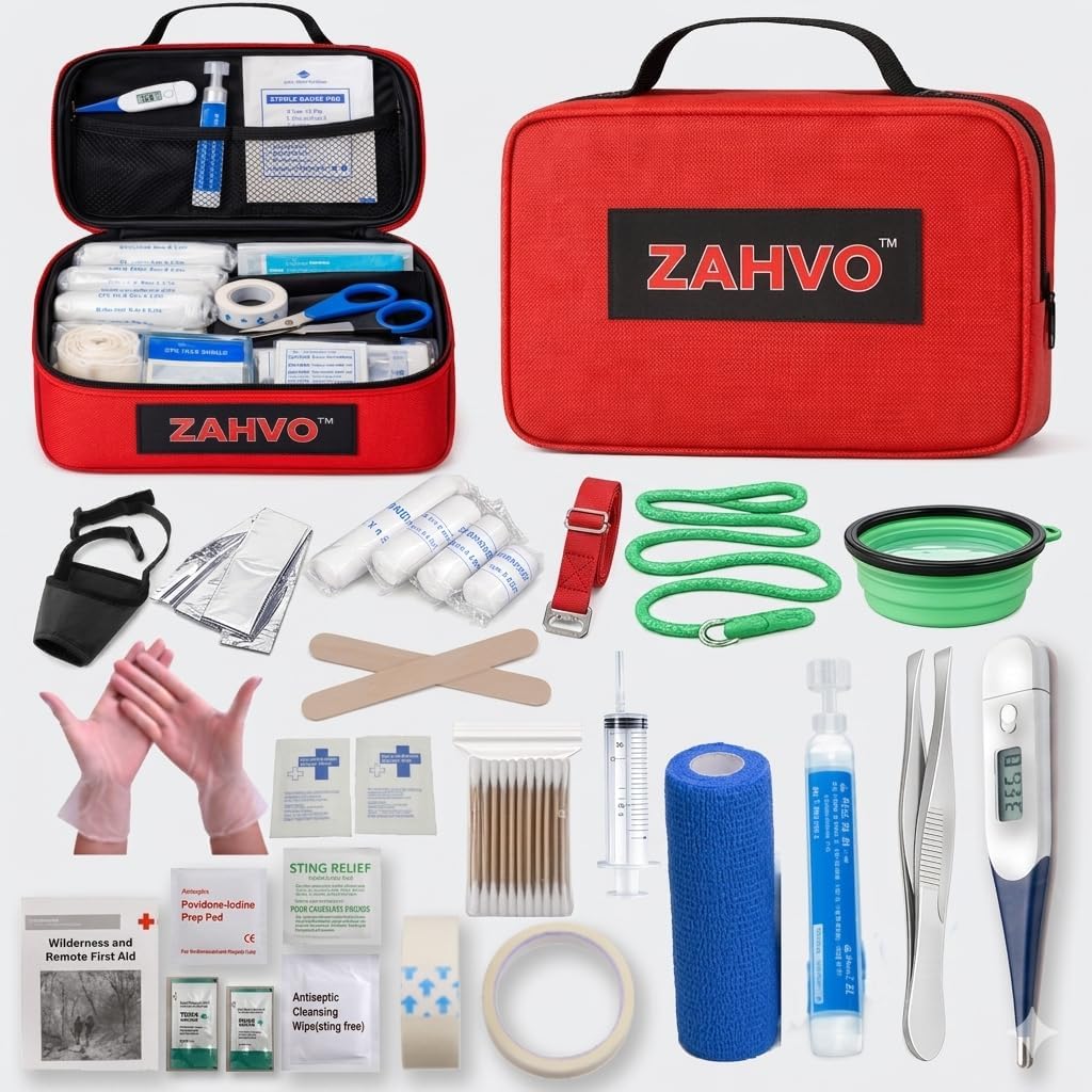 Pet First Aid Kit for Dogs & Cats – 90+ Emergency Supplies | Tick Remover, Thermometer, Muzzle, Slip Leash, Collapsible Bowl & First Aid Manual | Home, Car, Camping & Travel
