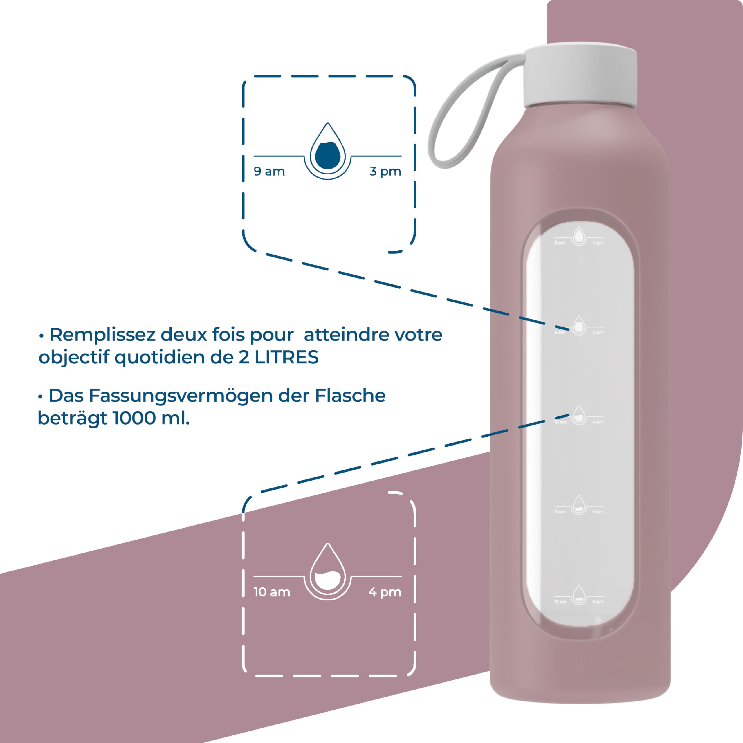 Wessper Bouteille a eau 1 Litre, Bouteille de Motivation avec échelle D'hydratation, Gourde pour eau en Verre Borosilicaté avec étui en Silicone, Matériau Sans BPA - Rose Sale