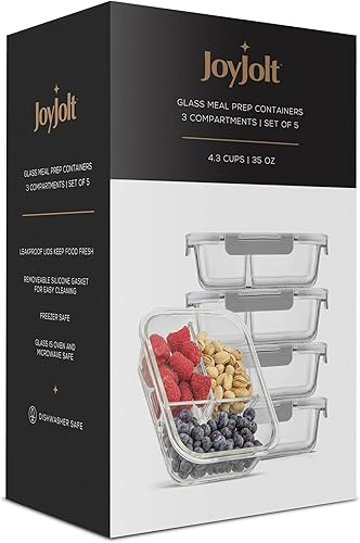 Miniatura 8 de JoyJolt Contenedores divididos para almacenamiento de alimentos con tapas herméticas. Paquete de 5 recipientes de vidrio para preparación de comidas