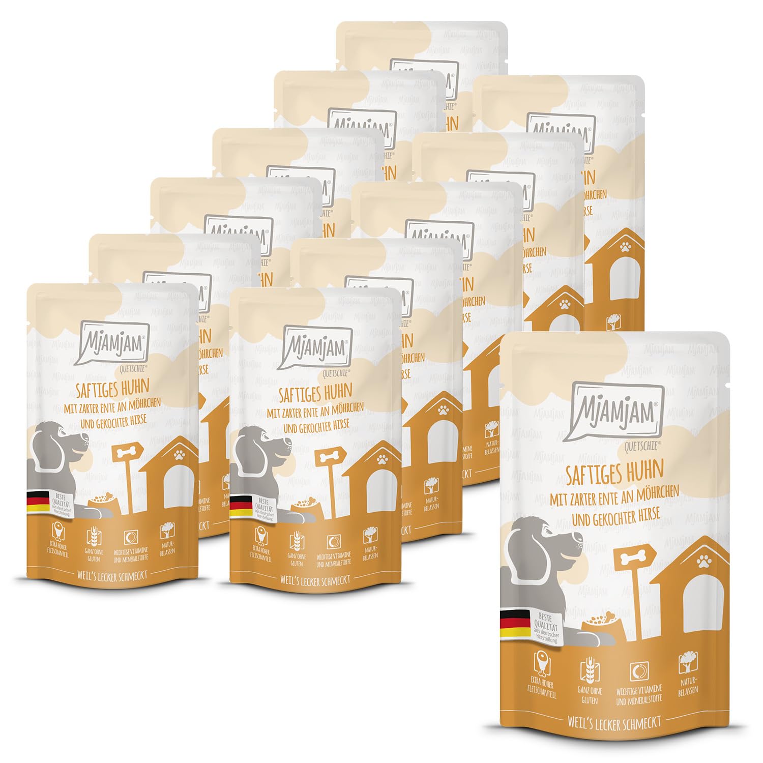 MjAMjAM - Premium Nassfutter für Hunde - Quetschie - saftiges Huhn mit zarter Ente an Möhrchen und gekochter Hirse, 12er Pack (12 x 125g), glutenfrei mit extra viel Fleisch