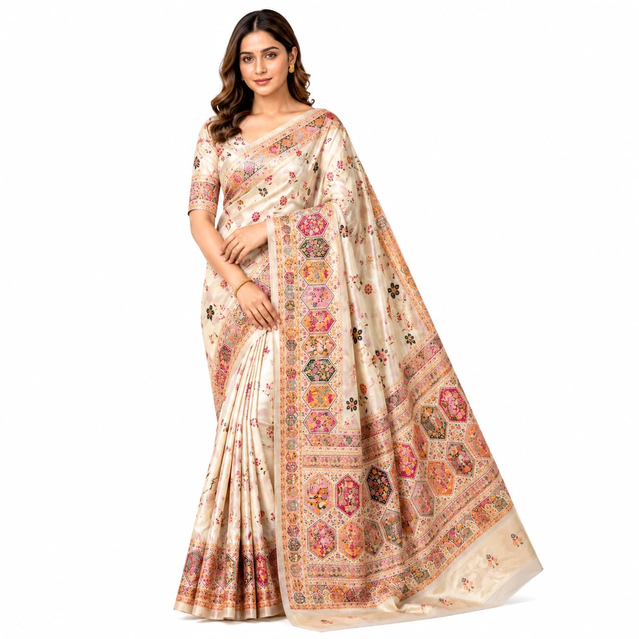 fashionez Women's Pure & Soft Rajwadi Pashmina Silk Saree with Kashmiri Thread Woven Pallu | Heavy Rajwadi Zari Weaving Border Saree with Blouse Piece-picture-10