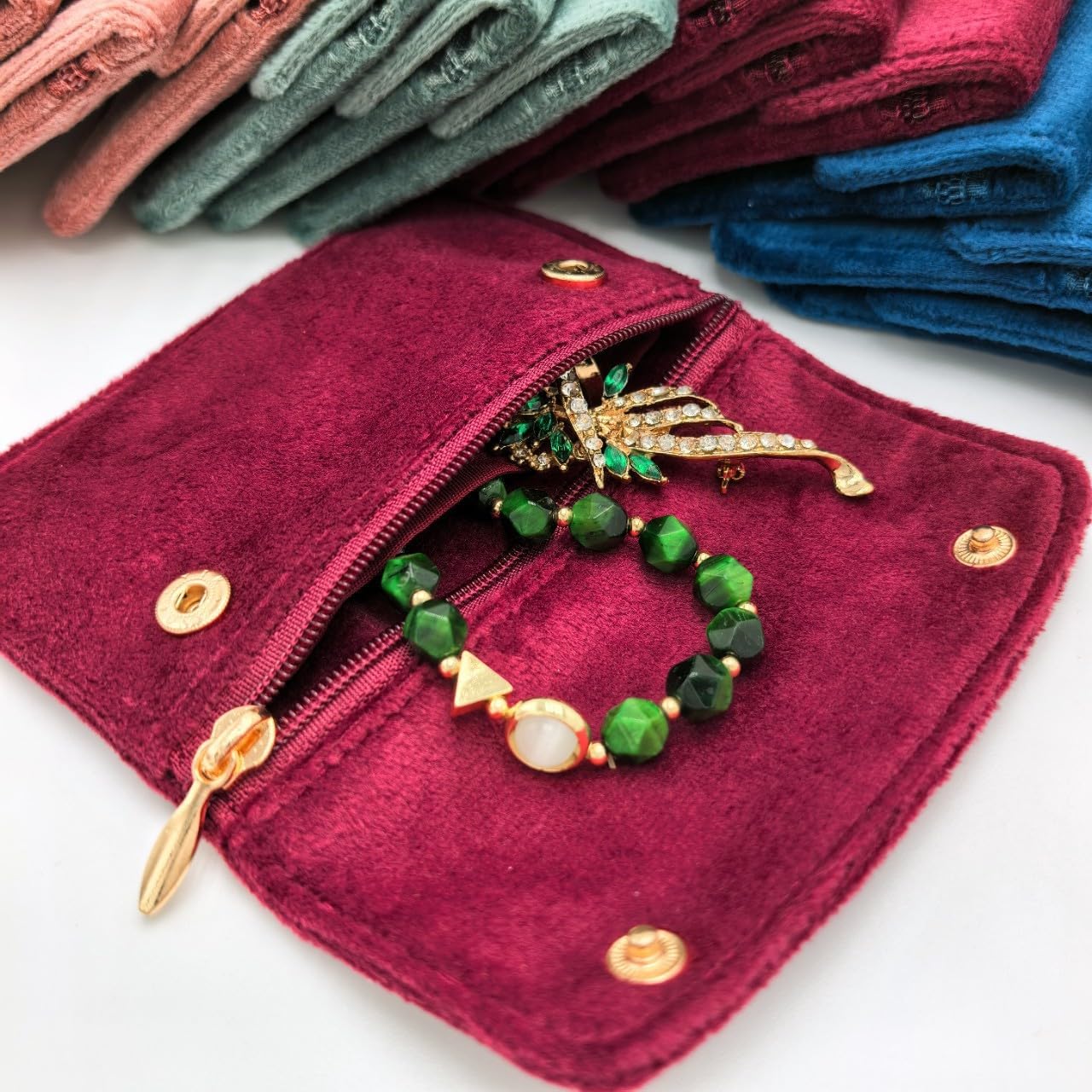 4pcs Velvet Small Jewelry Pouches with Zipper and Button Gift Bags for Bracelet Necklace,Ring,Earrings,Earphone,Wedding Favors, Party Favors,Travel,3.3" X 4.5" (Mix color)