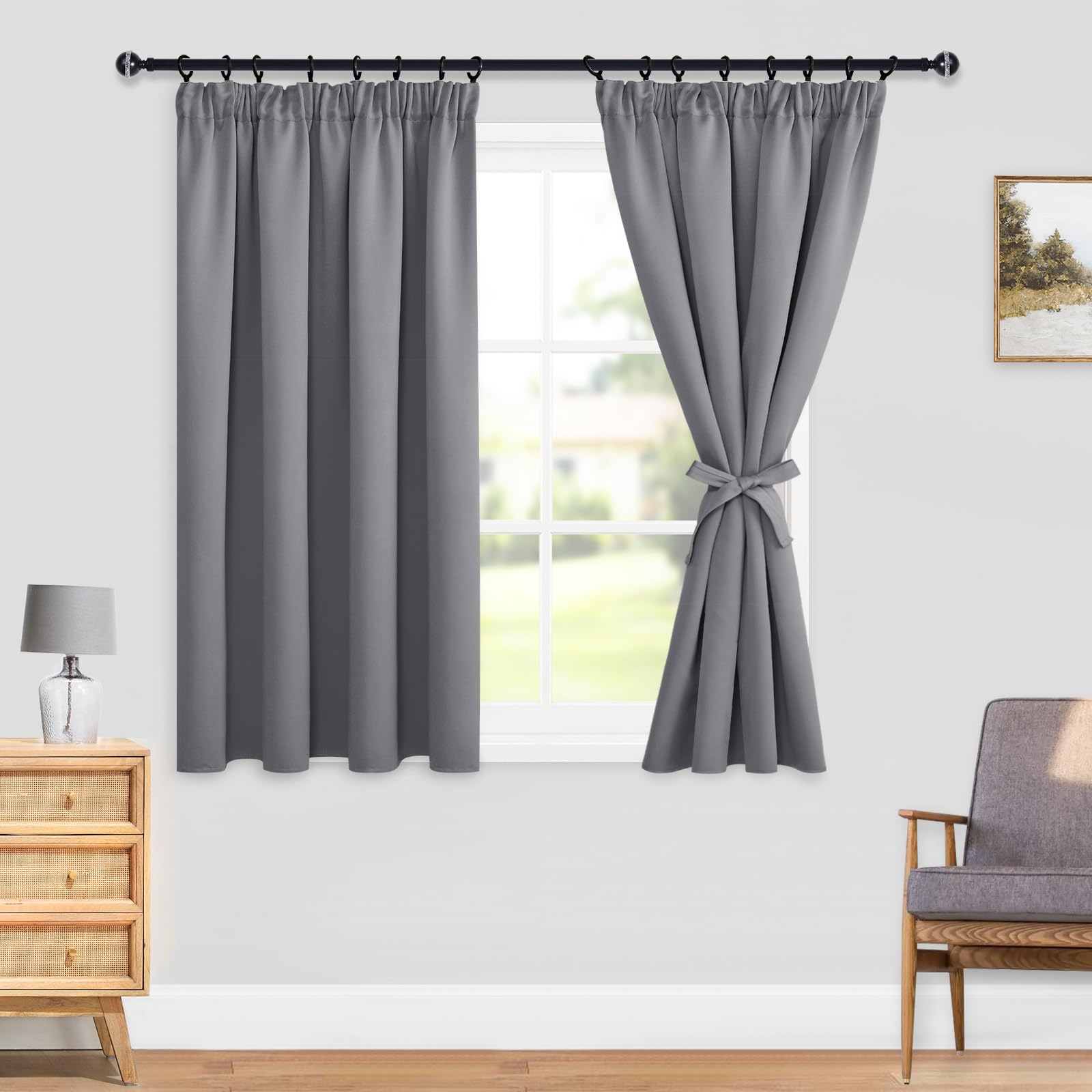 DWCN Blackout Curtains for Bedroom Thermal Insulated Curtain Pencil Pleat Window Curtains for Living Room with Tiebacks 66 x 54 inch Length, Grey, 2 Panels