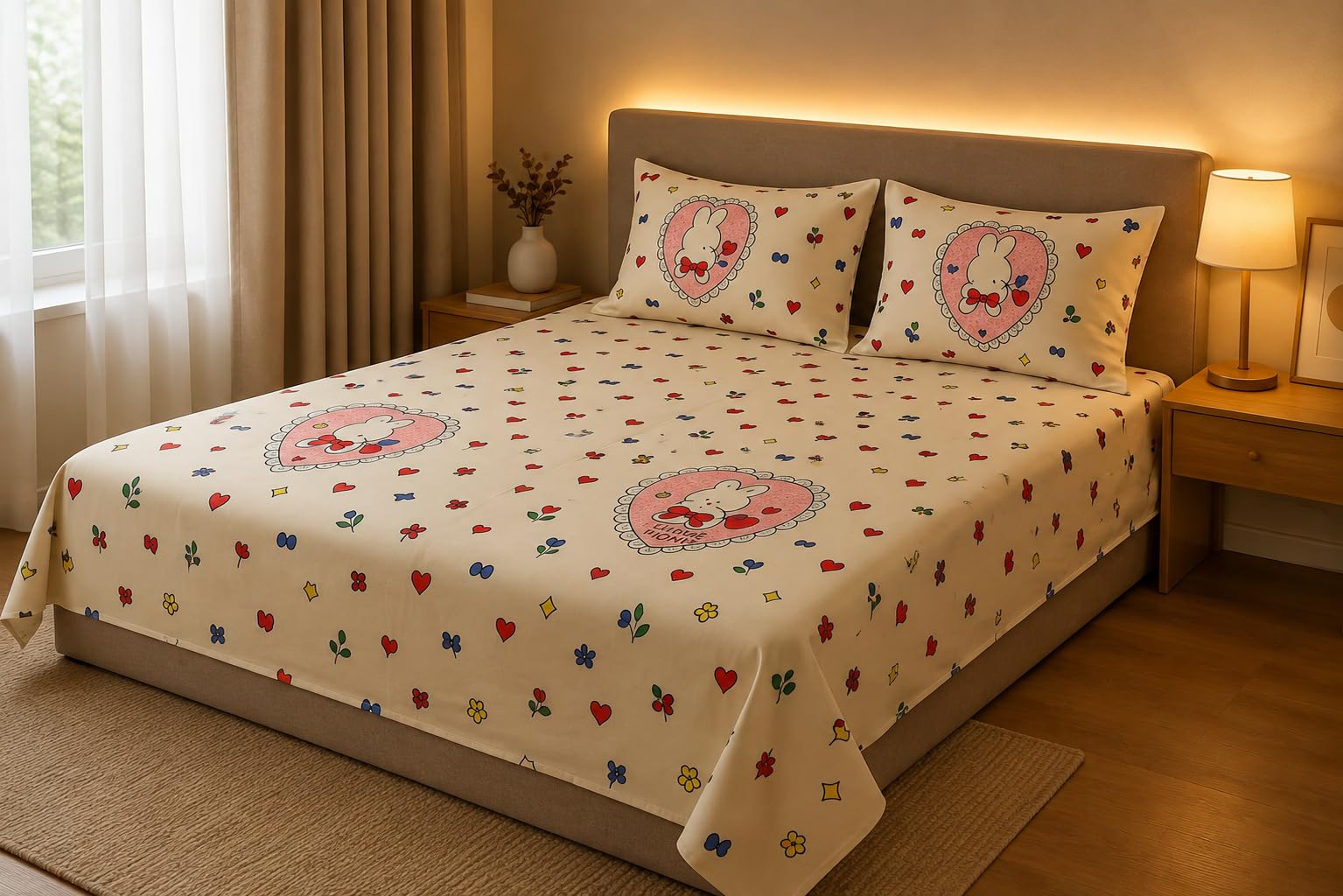 Cute Cartoon Print King Size Double Bed Sheet Set with Pillow Covers – White Hearts & Flowers Pattern - 210 Thread Count Soft Bedding-image-16