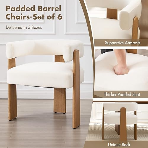 Miniatura 7 de Juego de 6 sillas de comedor tapizadas de terciopelo blanco, sillones de acento tipo barril bohemios modernos, asiento grueso acolchado y patas de