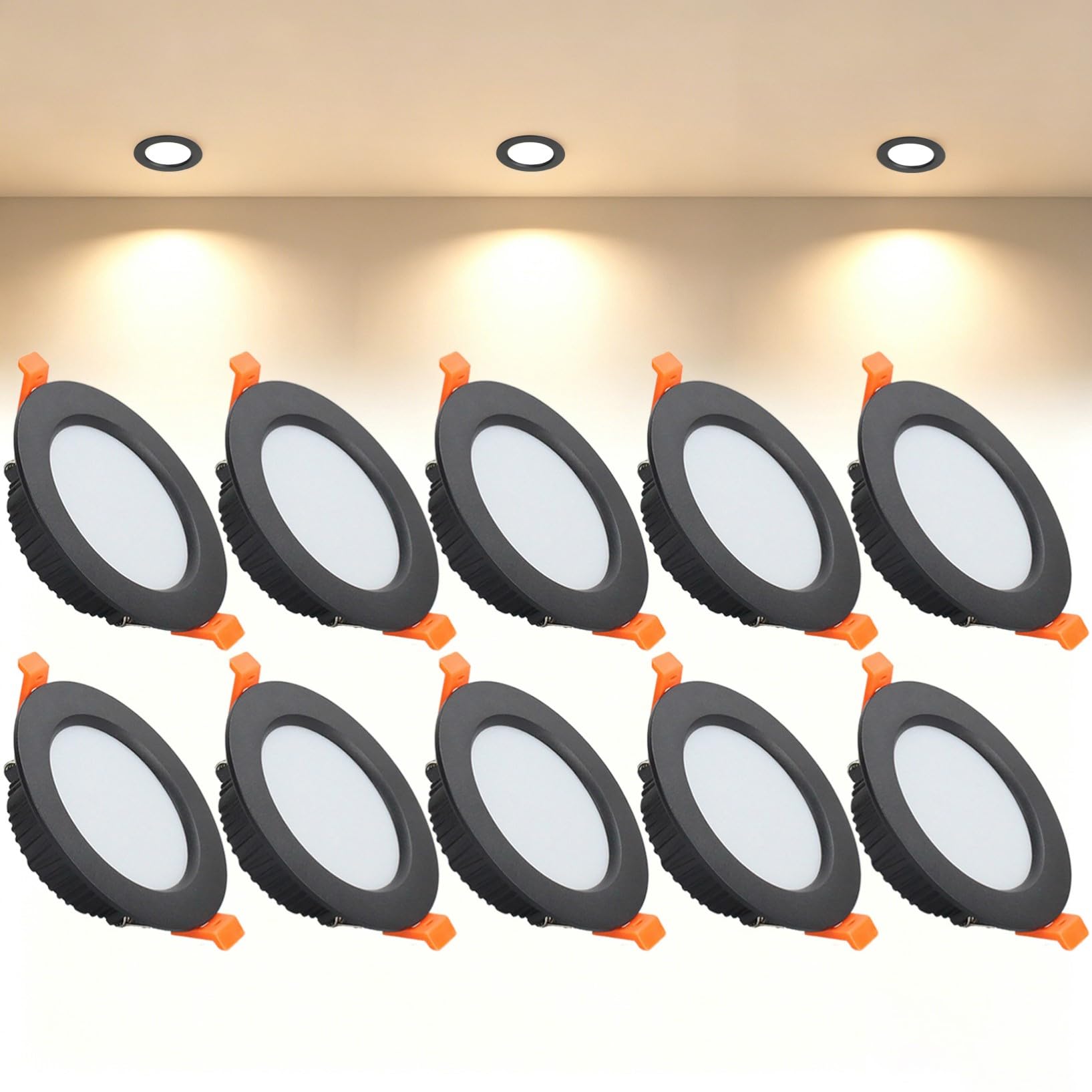 VOGHMOLD 9W Ultra Slim LED Downlight Recessed Ceiling Light 3.5 inch, 3000K Spot Lights Black Aluminum Trim, Cut Φ90-100mm, AC110-240V Panel Lighting for Office Hallway Closet, 10 Pack