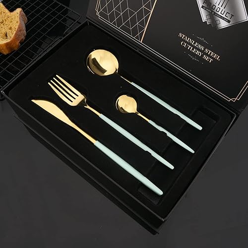 Miniatura 2 de JASHII Juego de cubiertos de 24 piezas con caja de regalo, juego de cubiertos de acero inoxidable de color macarrón pequeño de color fresco, juego