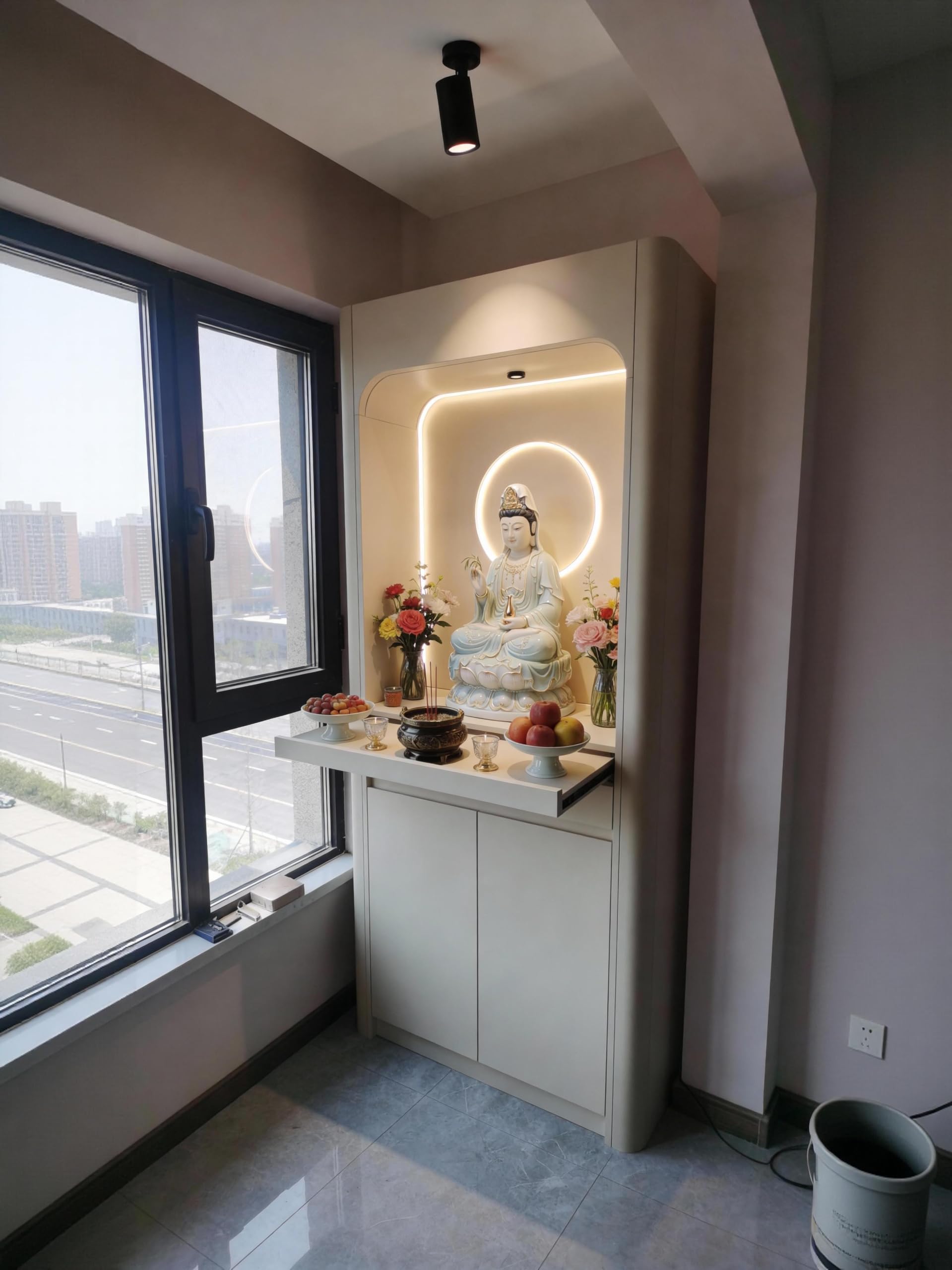 Tavola d'altare Cinese Moderno armadietto da Altare con nicchia a LED, consolle for santuario in Legno massello