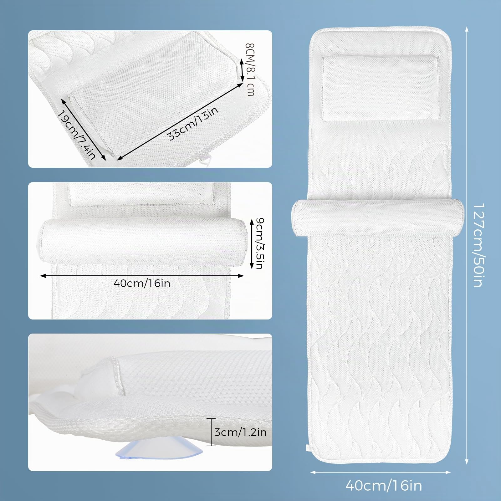 Cuscino Vasca da Bagno per Tutto il Corpo 123×40cm, Cuscino da Bagno con Ventose e Poggiatesta per Persone alte 160-180cm, Supporta Collo, Schiena e Gambe, Tessuto Traspirante in Rete 3D