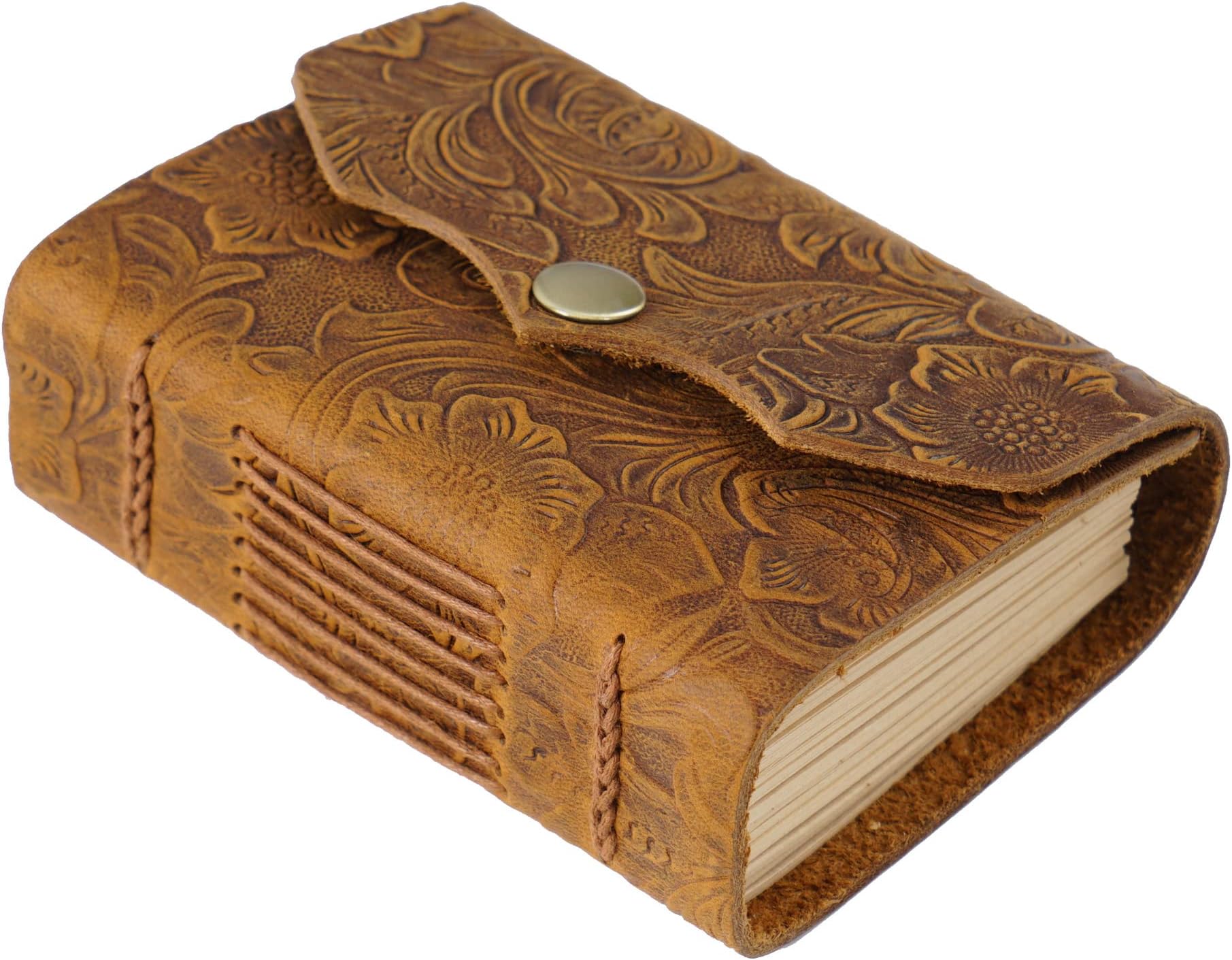 Leather Journal Notebook, 4.3"X3" Pocket Notebook, 320 Pages Kraft Paper Embossed Journal Diary, Small Leather Journal for Writing, Mini Handmade Unlined Leather Scrapbook, Gift for Women Men