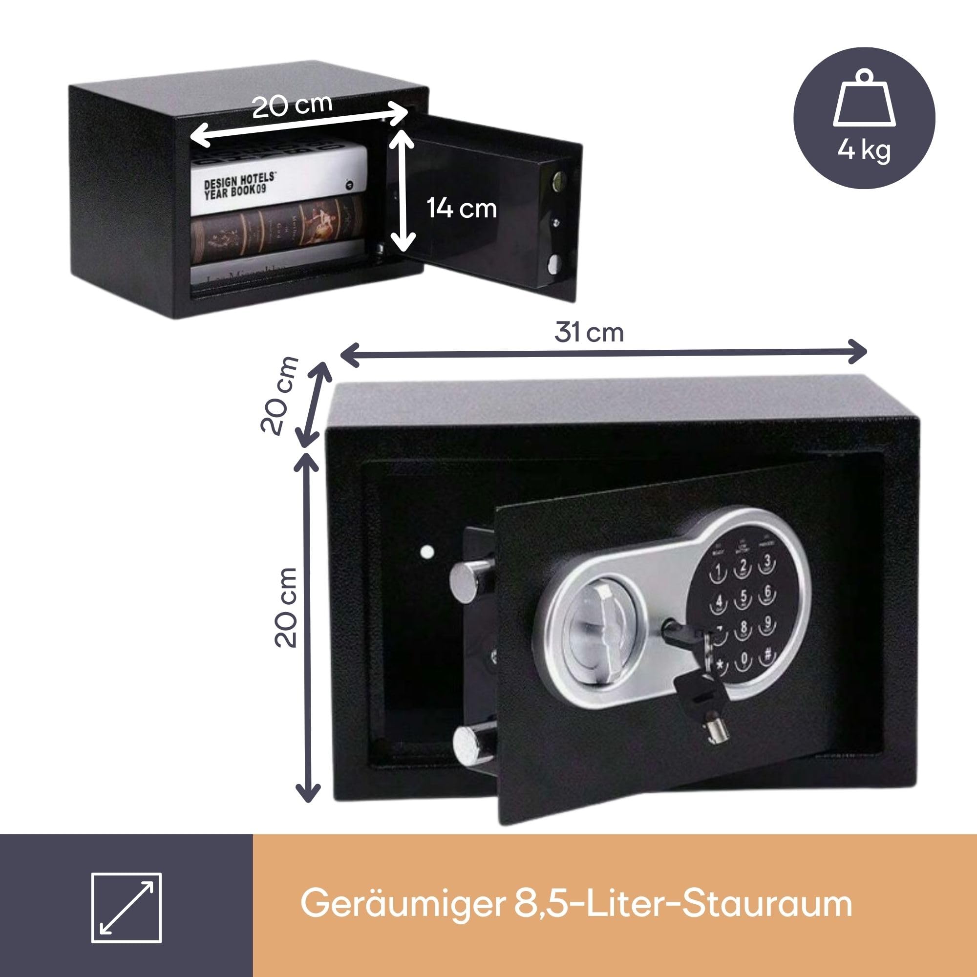 Perel Elektronischer Safe mit Zahlencode und Notschlüssel, geräumiger Stahlschrank mit weicher Innenauskleidung, sicherer Mini-Tresor für Schmuck, Dokumente und Bargeld, 20x31x20 cm